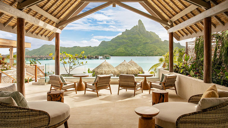 Public spaces around the resort offer stunning views of Mount Otemanu.