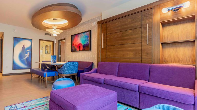 Sleeper sofas offered within a Deluxe Studio at The Villas at Disneyland Hotel are perfect for families with kids.