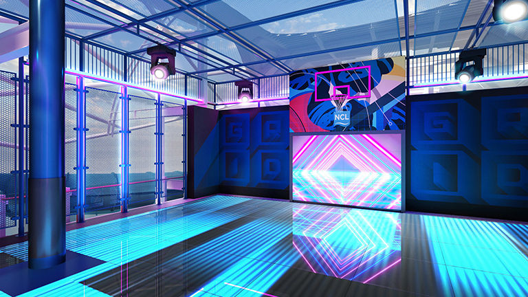 The Glow Court digital sports arena will feature an interactive LED floor.