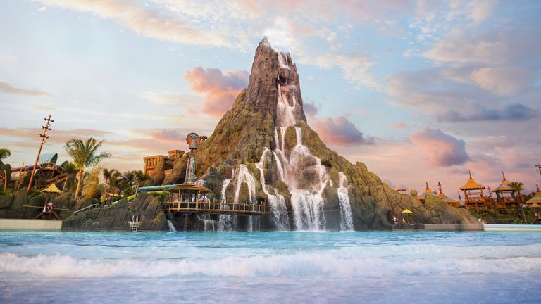 The Ko’okiri Body Plunge features a 70-degree fall through a drop door at the top of Volcano Bay’s 200-foot-tall volcano.