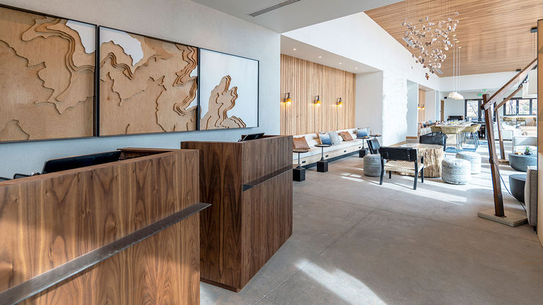 The modern lobby area embraces organic materials.